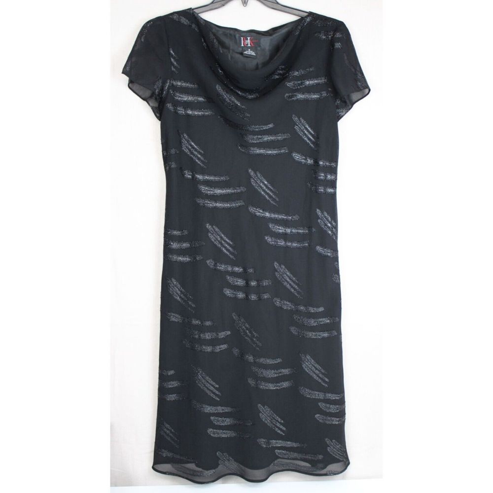 R‎ & K Midi Dress Black Sparkled Cowl Neck Sheer Lining Women 10 Short Sleeve